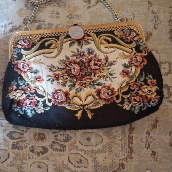 Handbags - Black Floral Tapestry Evening Bag with Chain